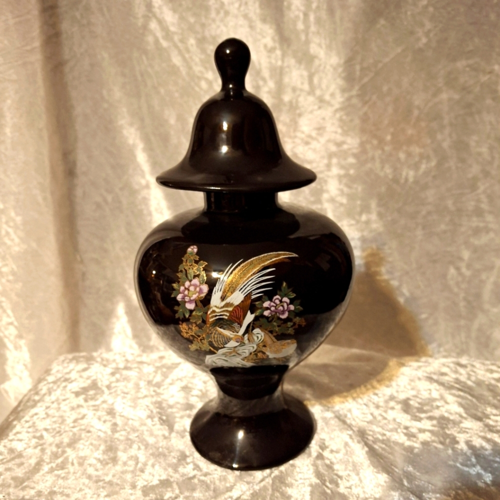 Vintage 10 In Glossy Black Decorated Ginger Jar with Pheasant - Signed JB 85